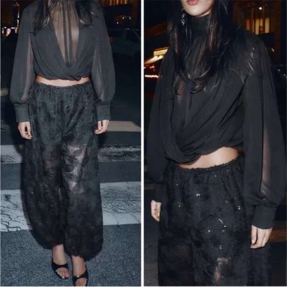 New ZARA Black Sheer Wide-Leg Lace Ballon Pants - Picture 3 of 5